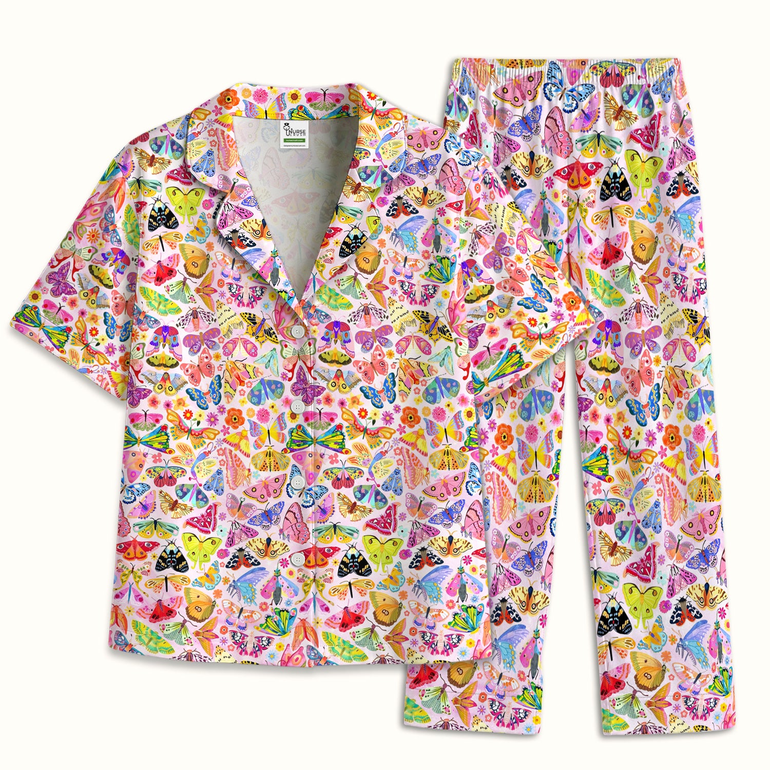 Cute Bright Butterfly Moth Floral Pajama Set, Soft Breathable Fabric Comfortable Sleepwear