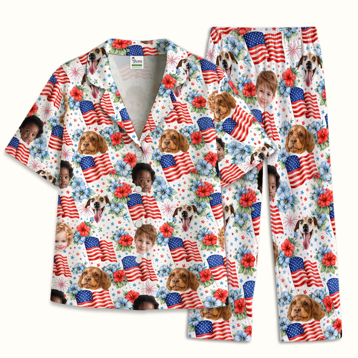 Custom Photo Patriotic Kids & Pet Faces Flag Nurse Pajama Set, Soft Breathable Fabric Comfortable Sleepwear