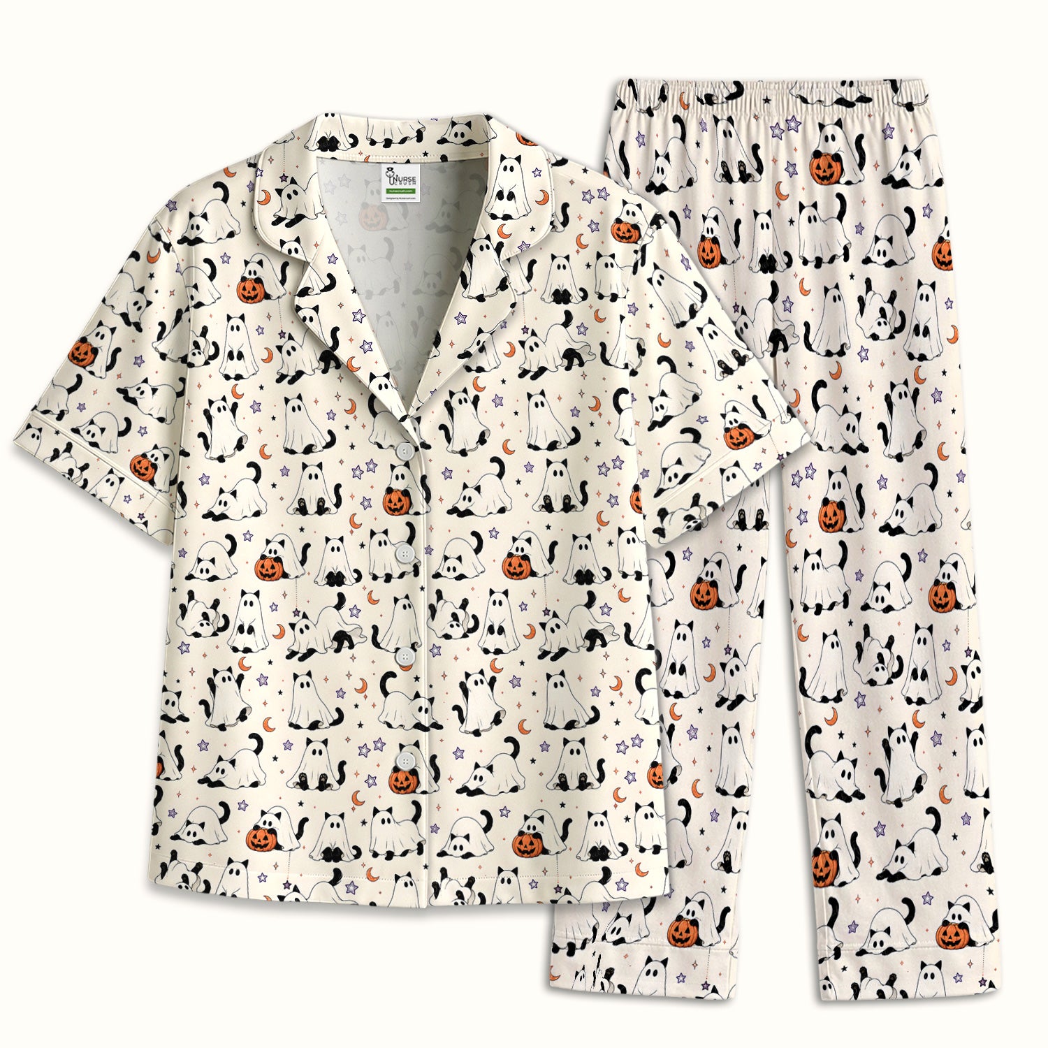 Halloween Ghost Cats And Pumpkins Pajama Set, Soft Breathable Fabric Comfortable Sleepwear