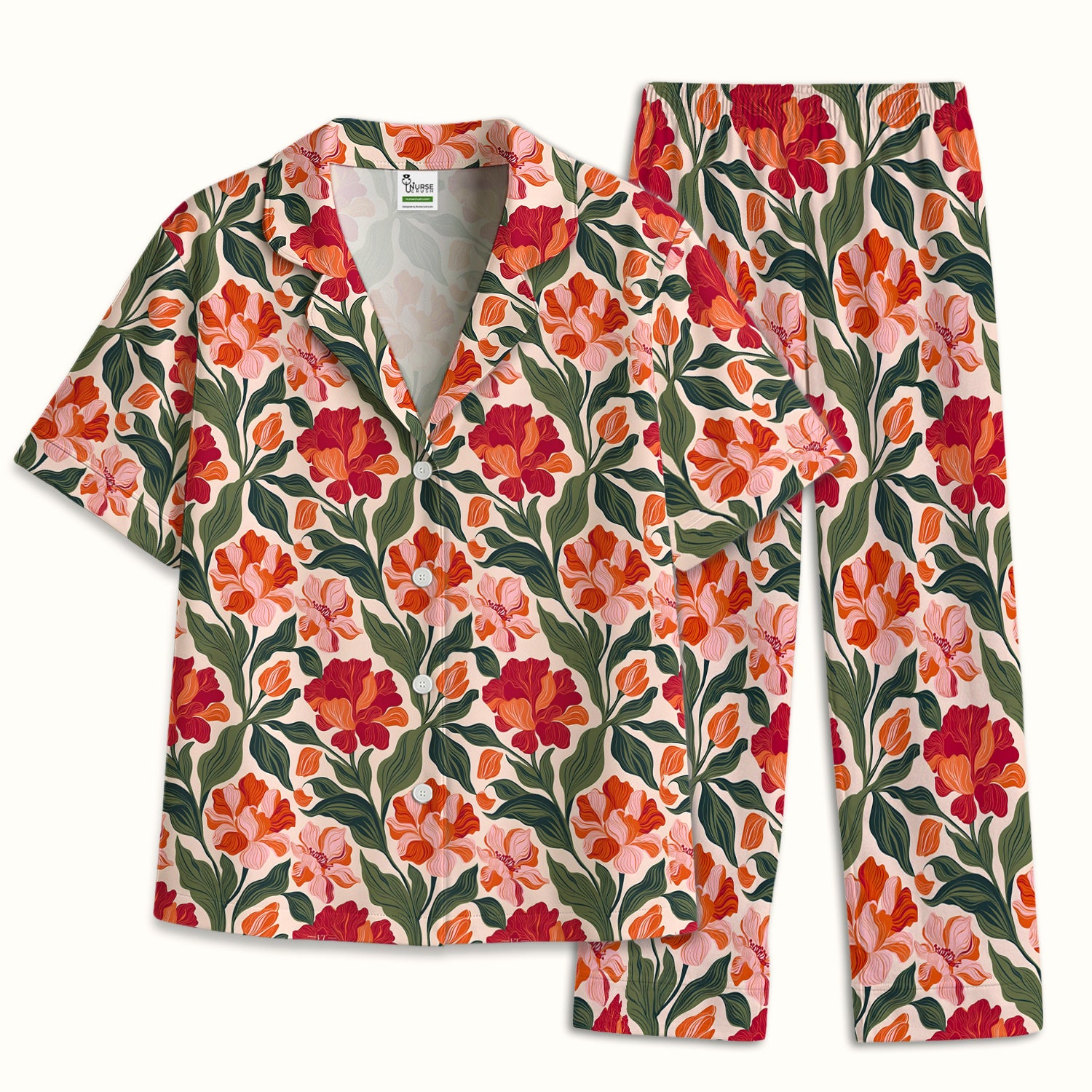 Pretty Tropical Floral Print Pajama Set, Soft Breathable Fabric Comfortable Sleepwear
