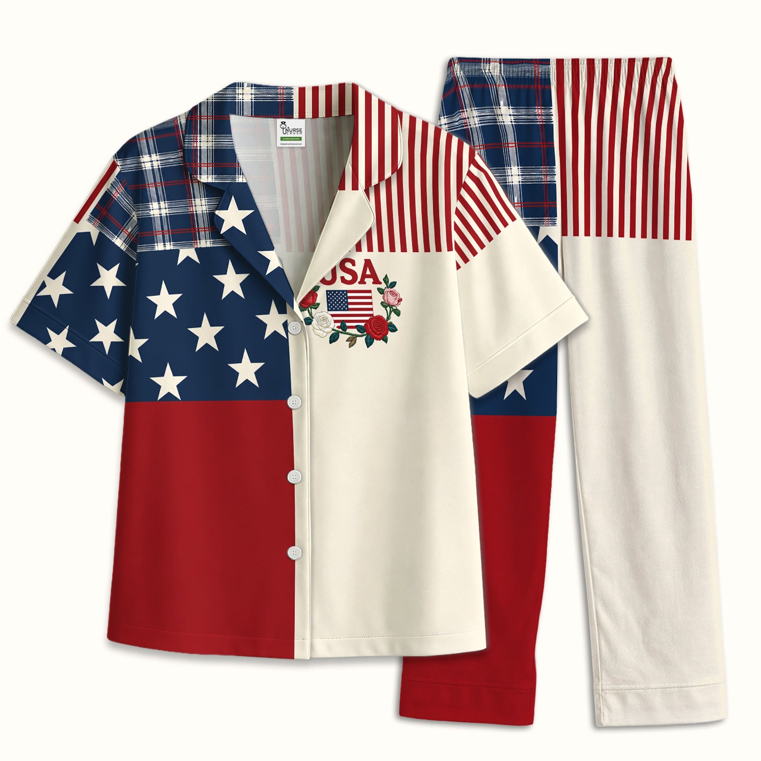 USA Flag Rose Patchwork Pattern Pajama Set, Soft Breathable Fabric Comfortable Sleepwear