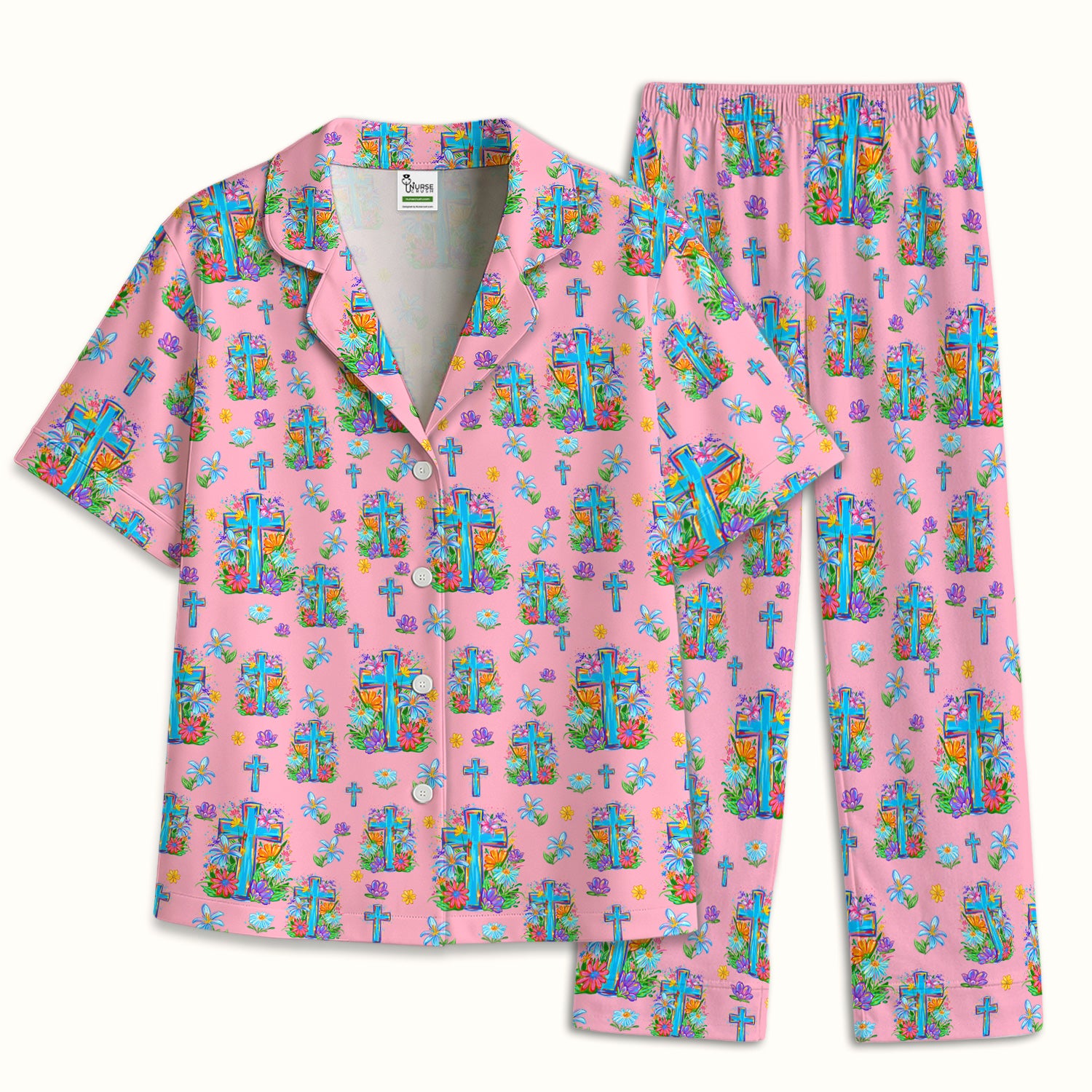 Christian Floral Cross Spring Pattern Pajama Set, Breathable Fabrics Uniform