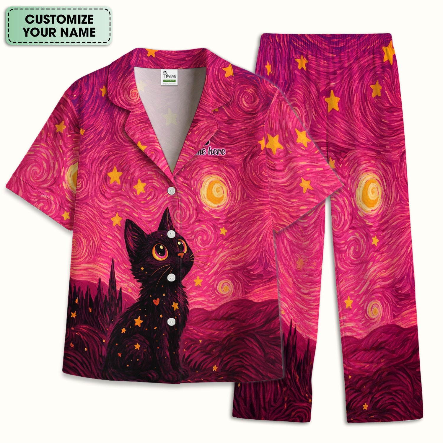 Personalized Black Cat Galaxy Star Swirl Pattern Pajama Set, Breathable Fabrics Uniform