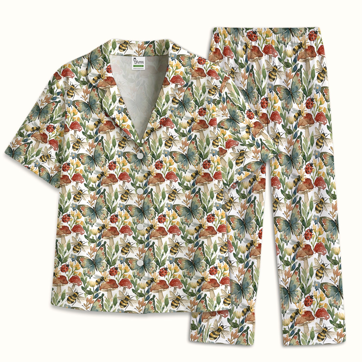 Butterfly Bee With Floral Mushroom Pajama Set, Soft Breathable Fabric Comfortable Sleepwear