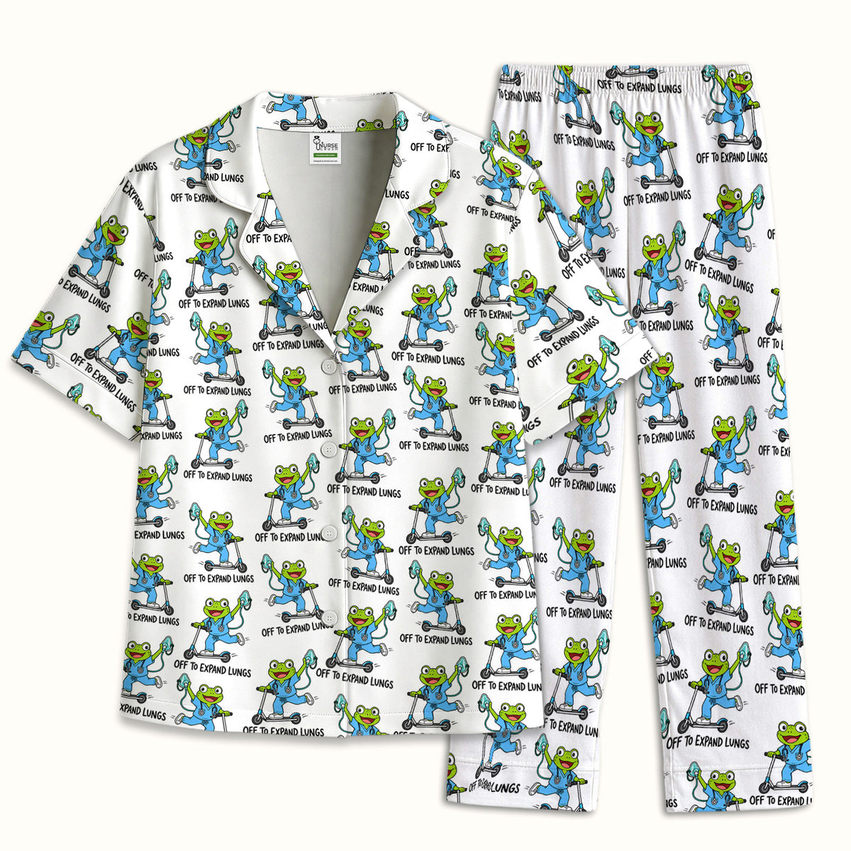 Off To Expand Lungs Frog Pattern Pajama Set, Soft Breathable Fabric Comfortable Sleepwear