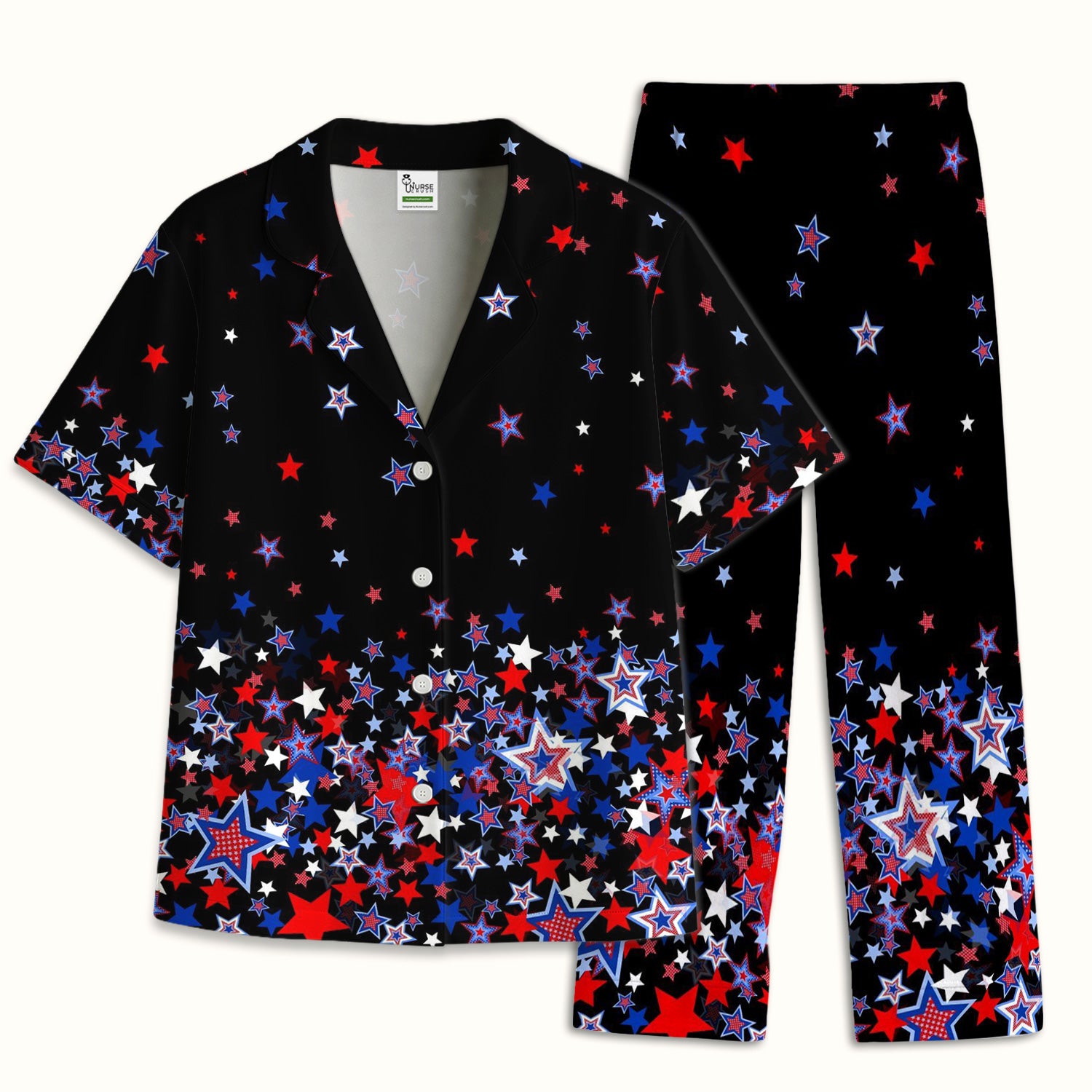 Festive Patriotic Red Blue Star Pattern Pajama Set, Soft Breathable Fabric Comfortable Sleepwear