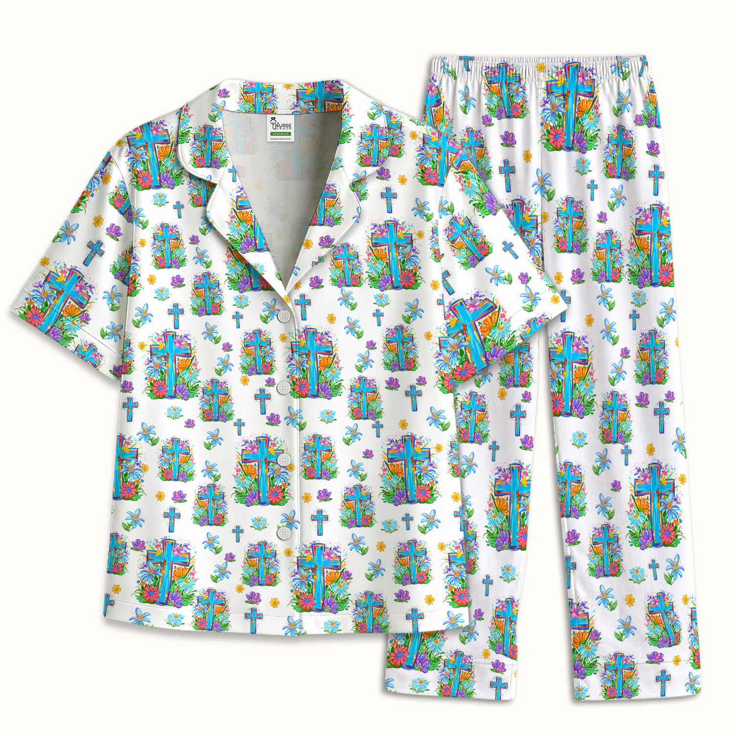 Christian Floral Cross Spring Pattern Pajama Set, Breathable Fabrics Uniform