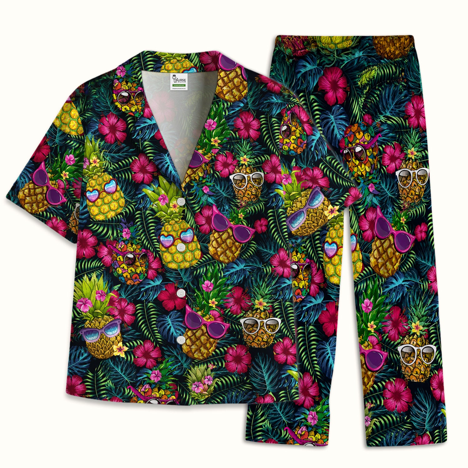 Cute Tropical Pineapple Sunglasses Pattern Pajama Set, Soft Breathable Fabric Comfortable Sleepwear