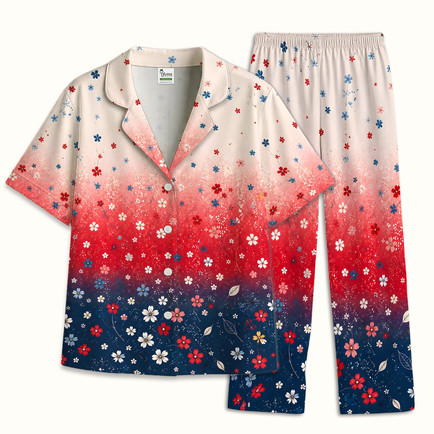 Patriotic Red White Blue Floral Ombre Print Pajama Set, Soft Breathable Fabric Comfortable Sleepwear