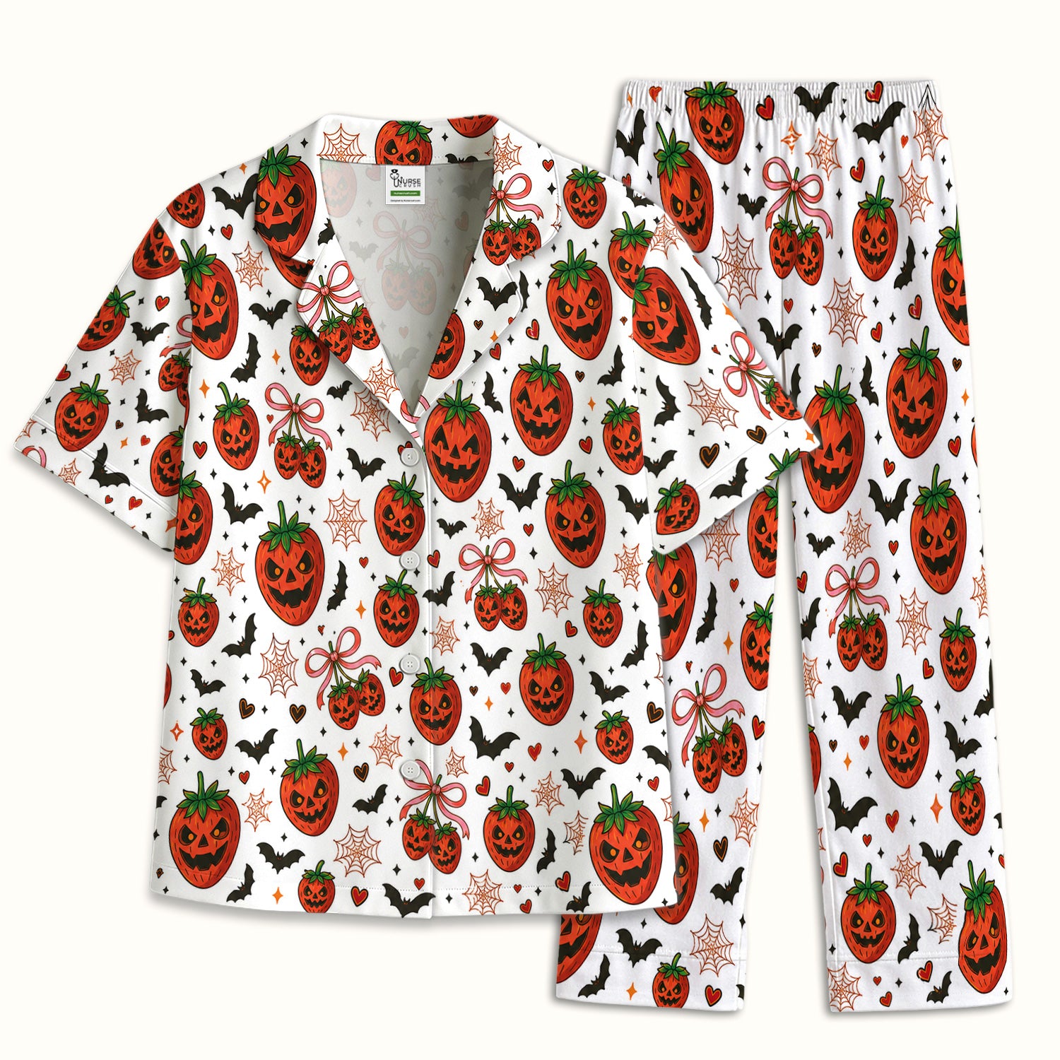 Sweet Halloween Strawberry Jack O Lanterns Pajama Set, Soft Breathable Fabric Comfortable Sleepwear