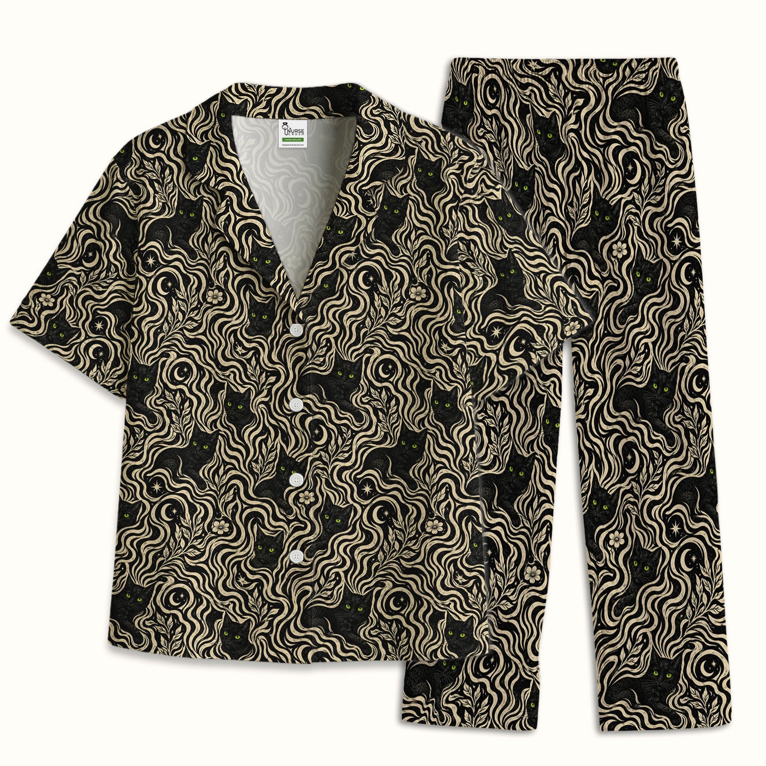 Mystical Black Cat Moonlit Pattern Pajama Set, Soft Breathable Fabric Comfortable Sleepwear