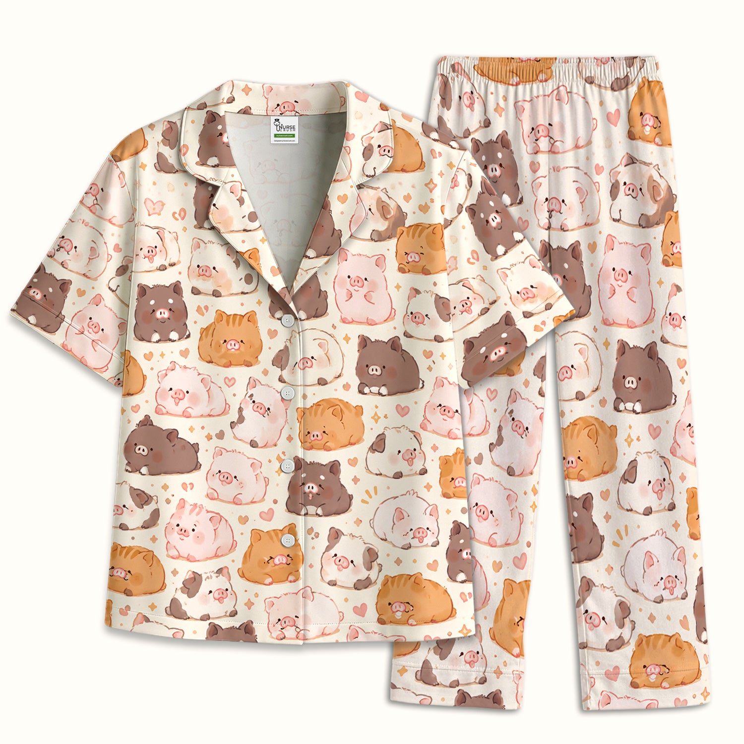 Cute Chubby Pig Nurse Print Pajama Set, Soft Breathable Fabric Comfortable Sleepwear