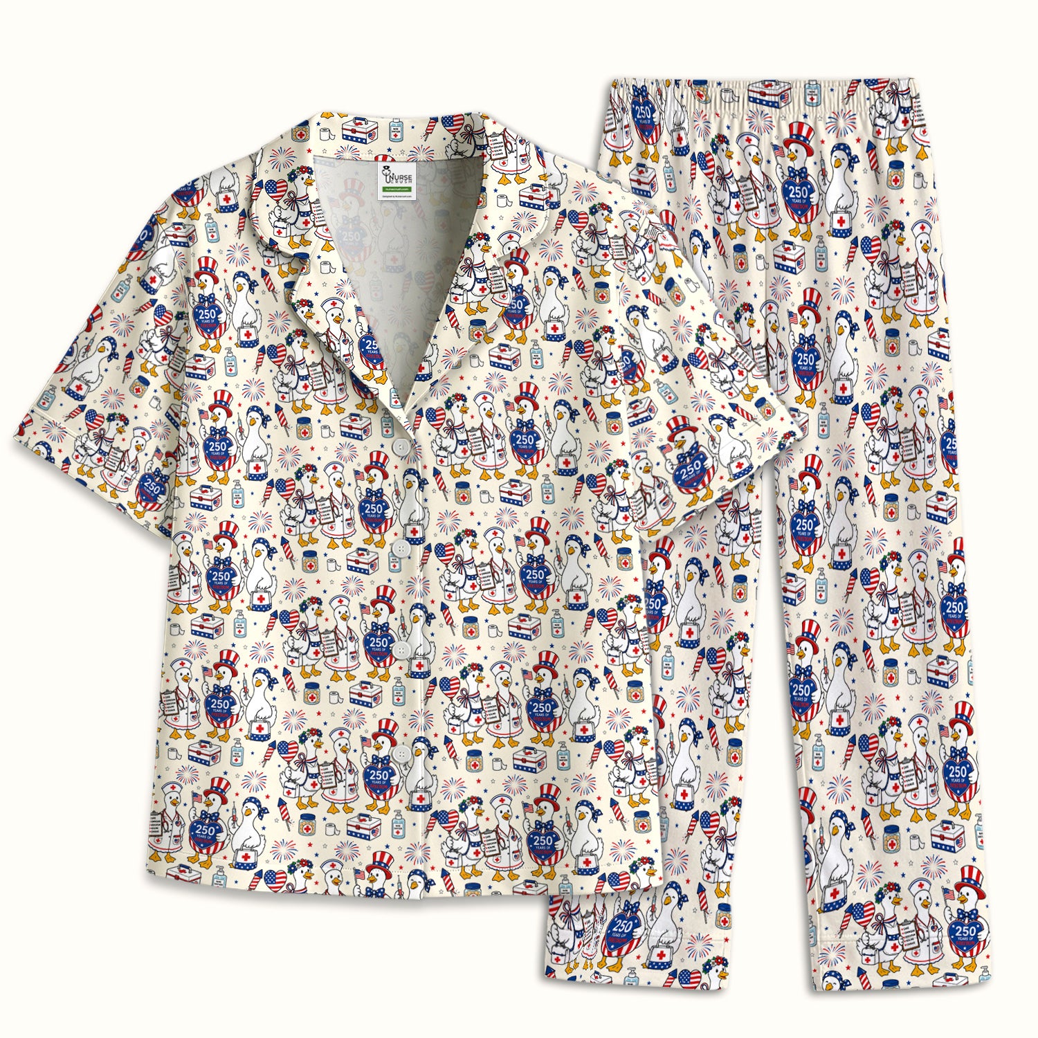 Funny Patriotic Goose Nurse for RN, CNA, Healthcare Workers Pajama Set, Soft Breathable Fabric Comfortable Sleepwear