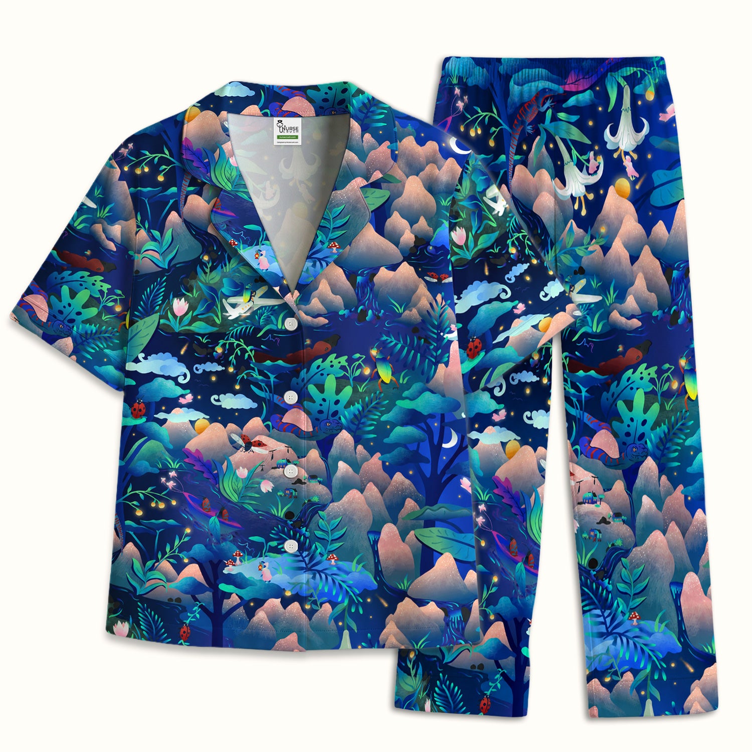 Whimsical Mountain Bug Print Pajama Set, Soft Breathable Fabric Comfortable Sleepwear