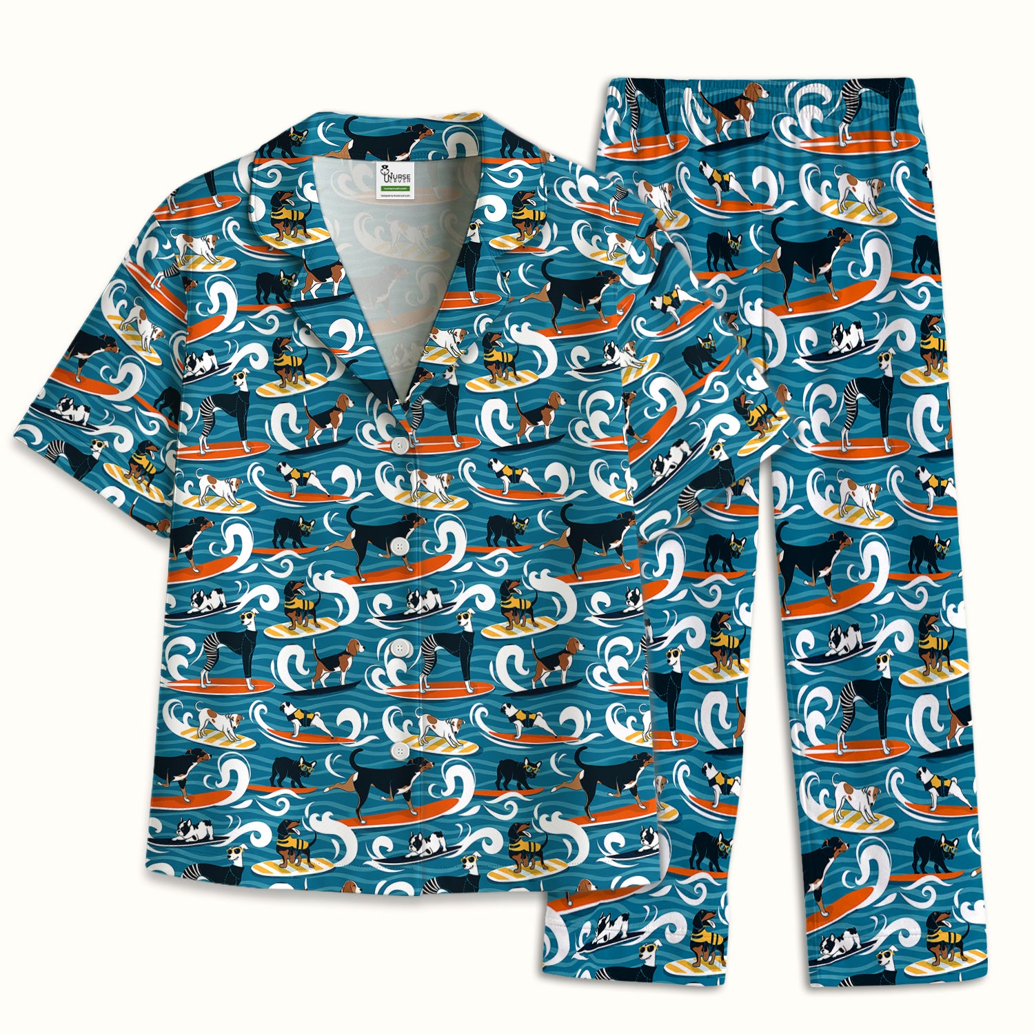 Surfing Dogs Ocean Wave Print Pajama Set, Soft Breathable Fabric Comfortable Sleepwear