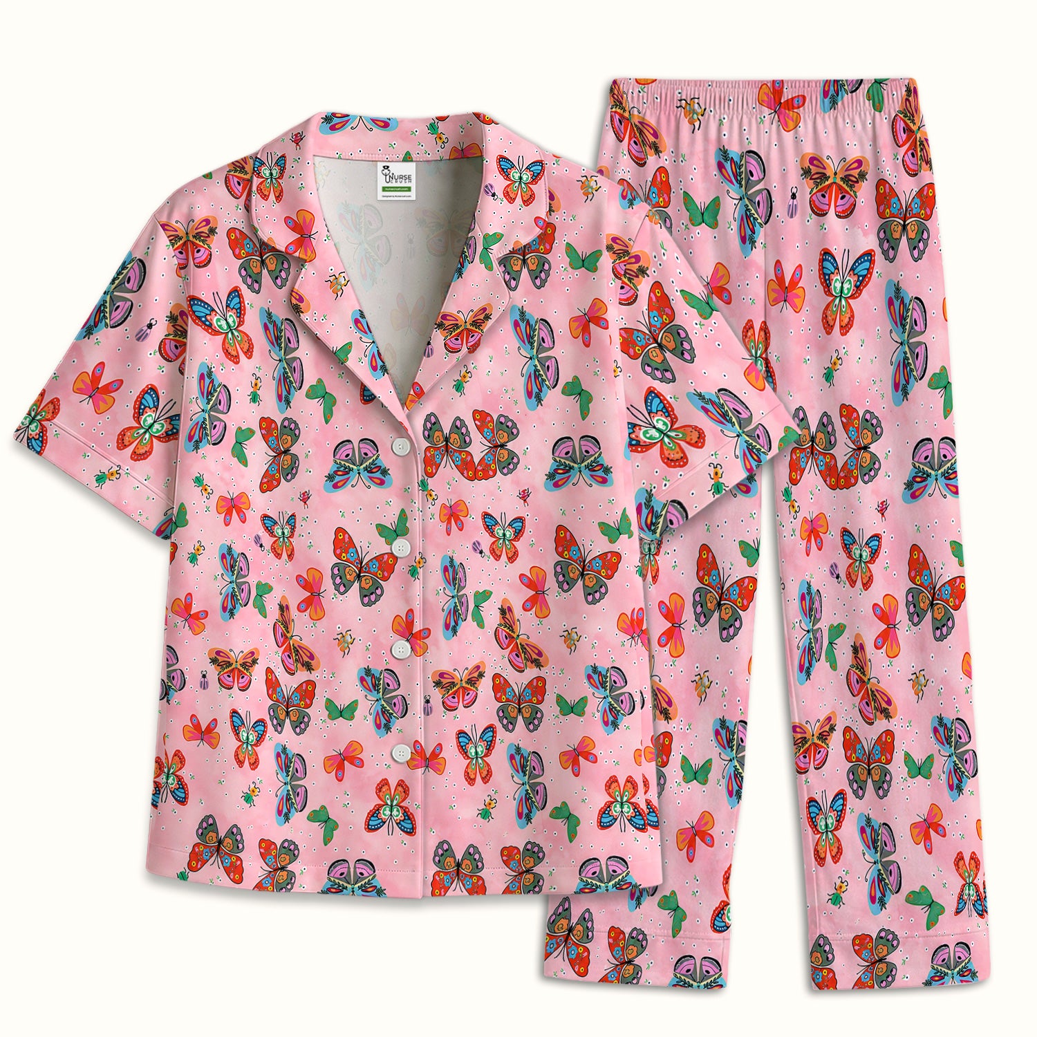 Colorful Butterfly Garden Pattern Pajama Set, Soft Breathable Fabric Comfortable Sleepwear