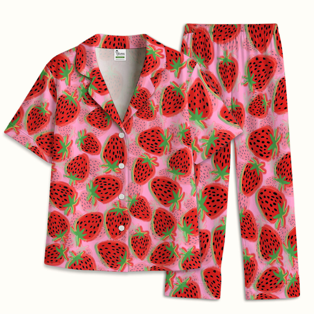 Pink Strawberry Pattern Pajama Set, Breathable Fabrics Uniform