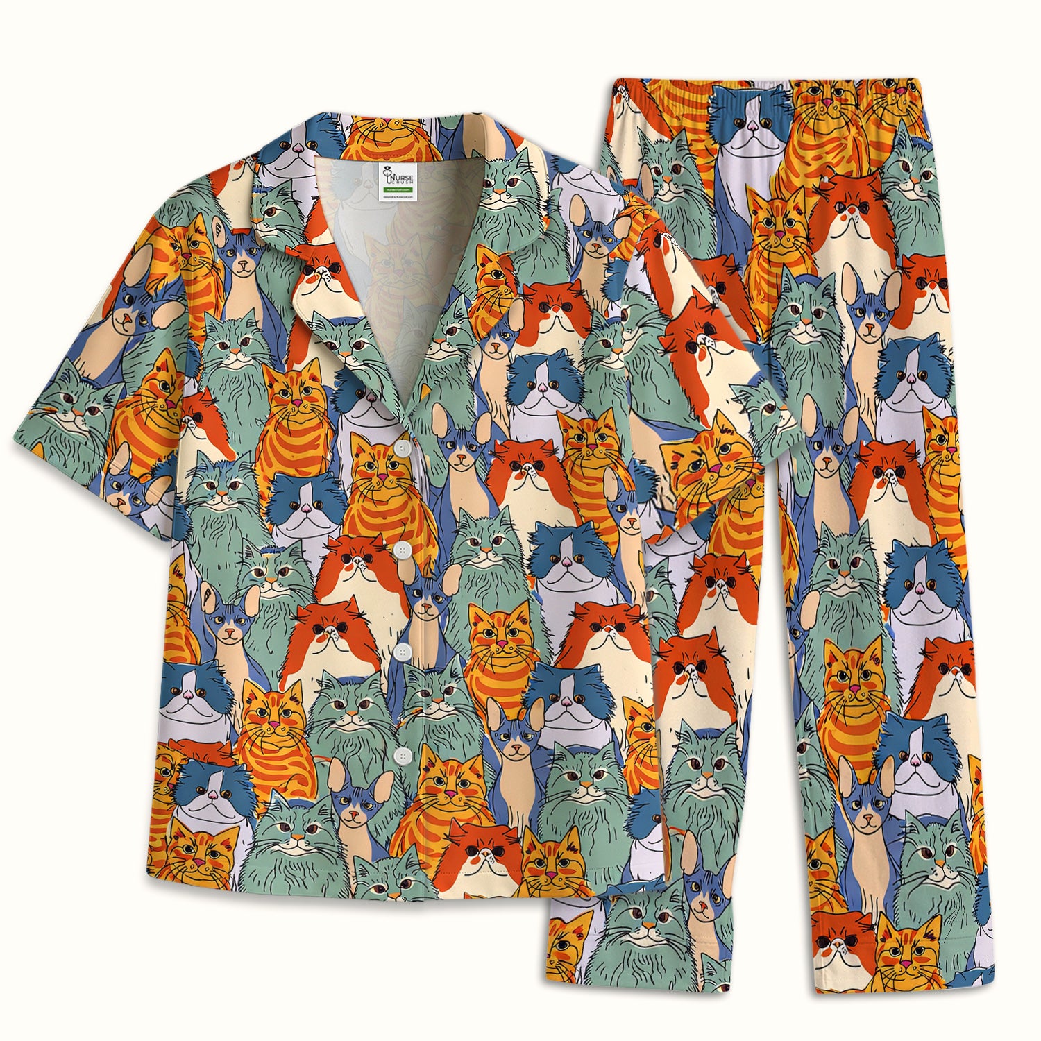 Cute Multicolor Cat Faces Illustration Pattern Pajama Set, Soft Breathable Fabric Comfortable Sleepwear