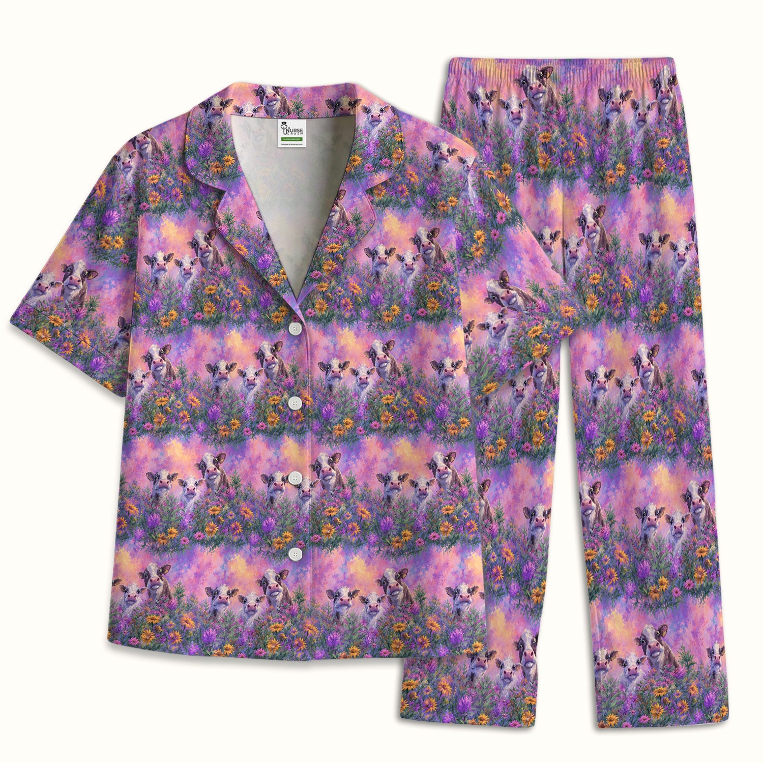 Pastel Cow Meadow Flower Pattern Pajama Set, Soft Breathable Fabric Comfortable Sleepwear