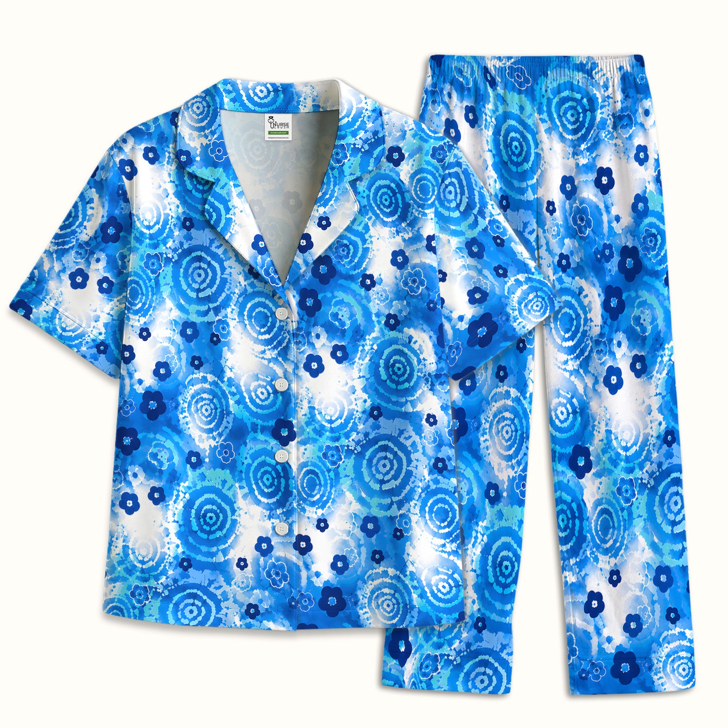 Blue Floral Spiral Nurse Pattern Scrub Top, Breathable Fabrics Nursing Uniform Pajama Set, Soft Breathable Fabric Comfortable Sleepwear