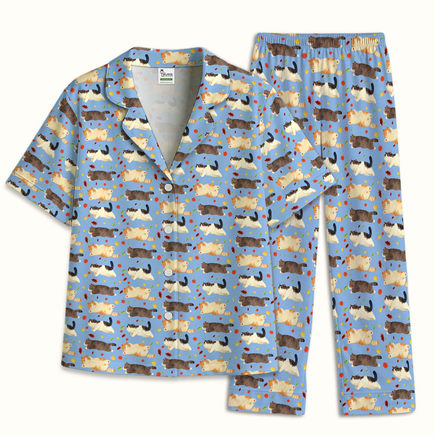 Chubby Cat Autumn Leaves Print Pajama Set, Breathable Fabrics Uniform