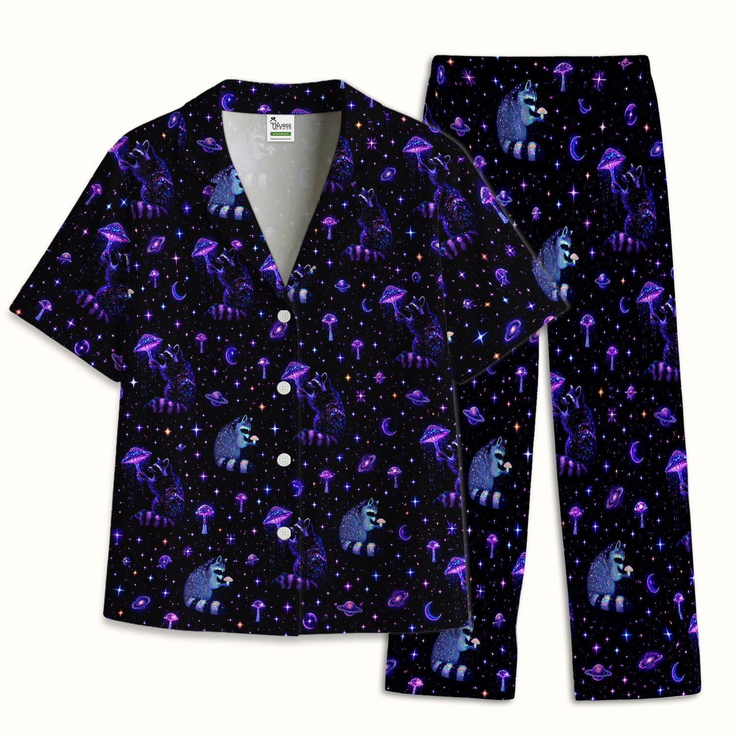 Cute Raccoon Mushroom Galaxy Pattern Pajama Set, Soft Breathable Fabric Comfortable Sleepwear