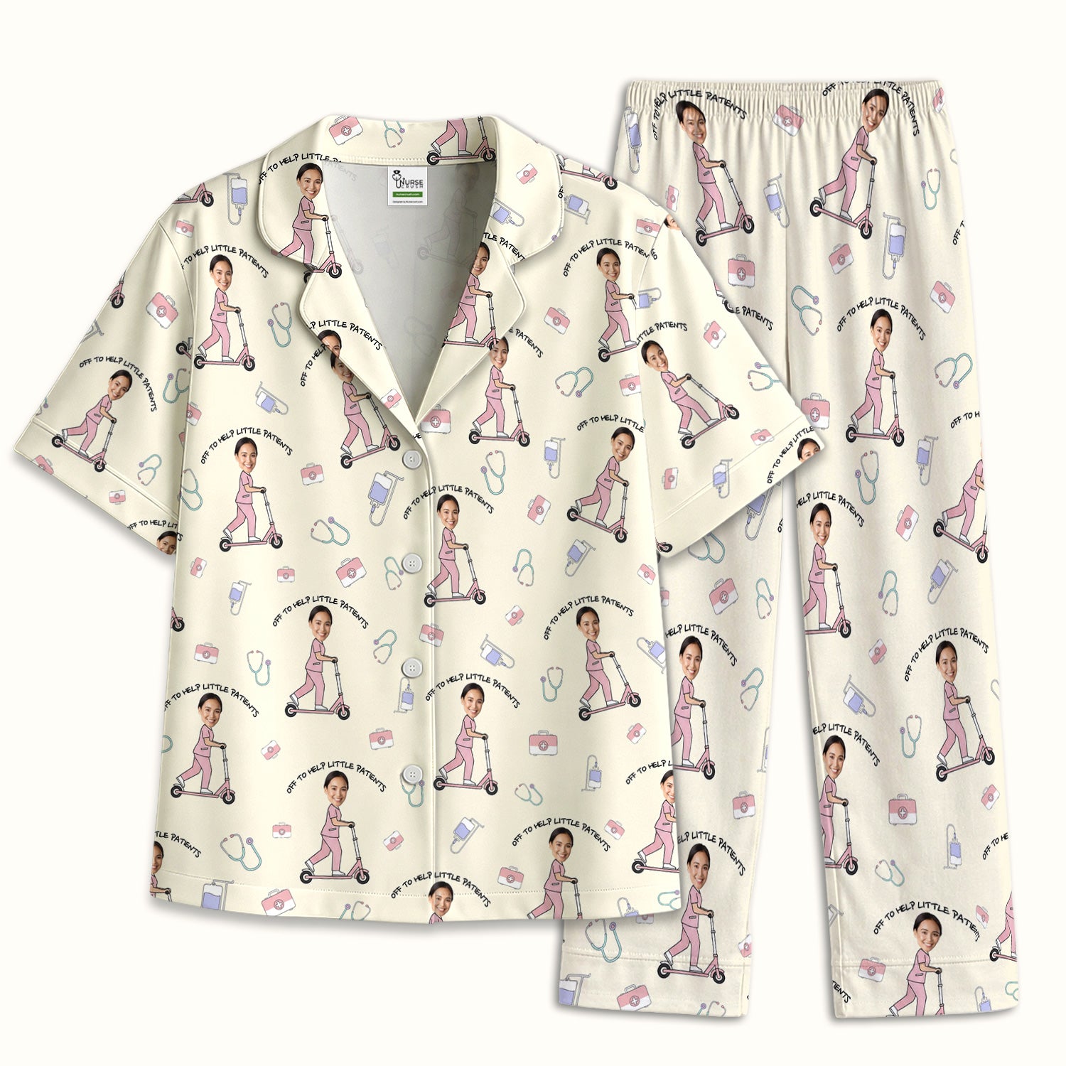 Custom Face Pediatric Nurse Scooter Pattern Pajama Set, Soft Breathable Fabric Comfortable Sleepwear