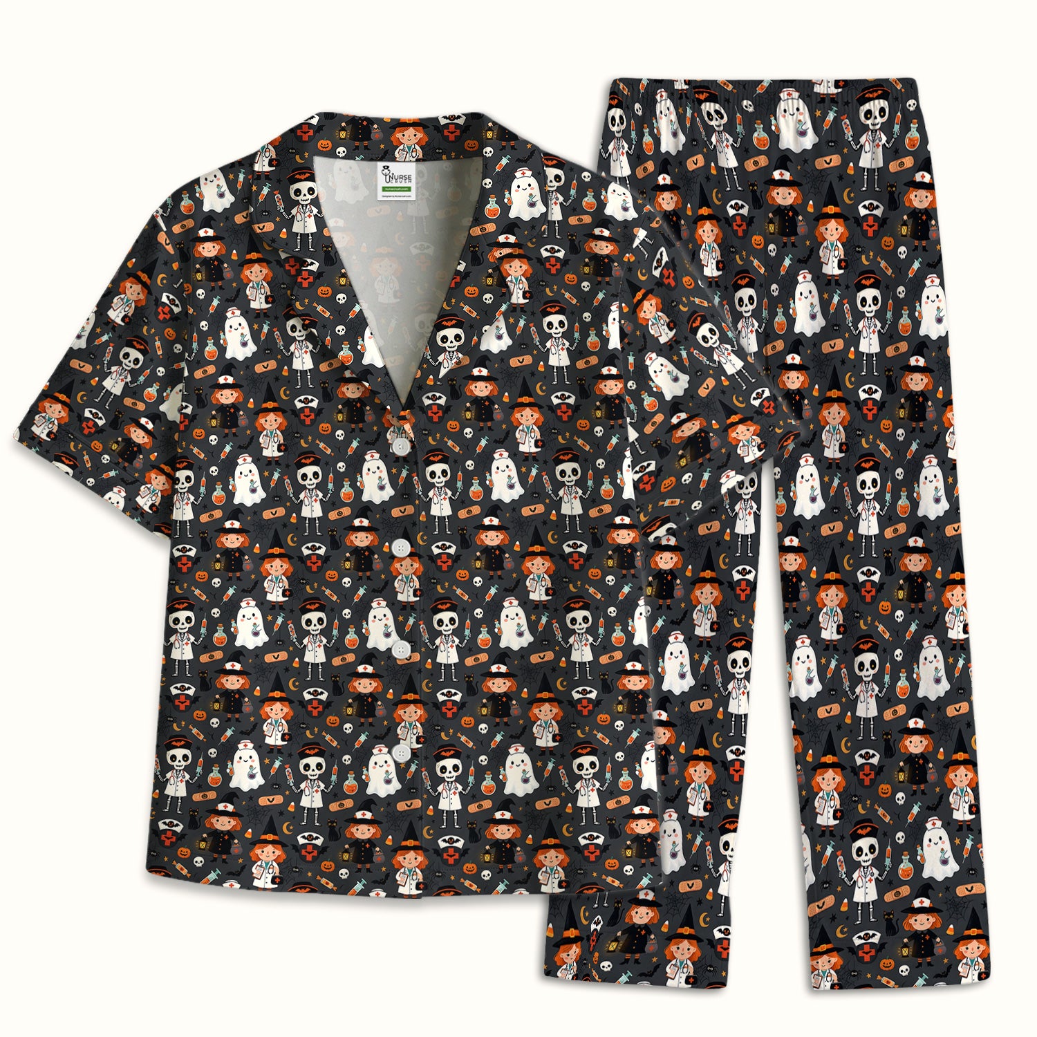 Halloween Witch And Skeleton Nurse Pajama Set, Soft Breathable Fabric Comfortable Sleepwear
