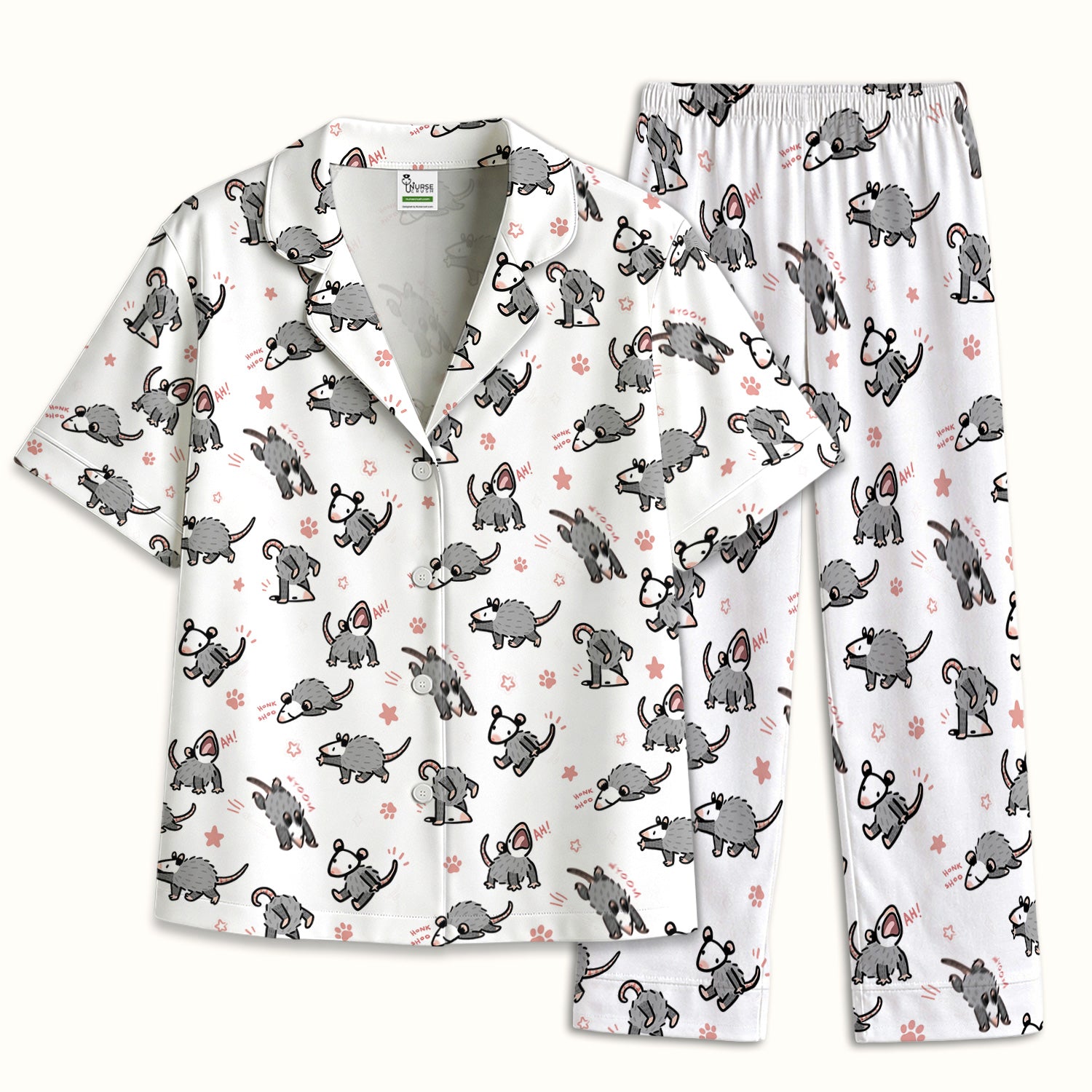 Playful Cartoon Opossum Character Pattern Pajama Set, Breathable Fabrics Uniform