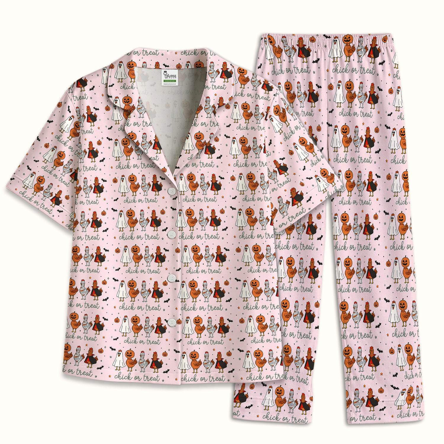 Funny Chick Or Treat Season Pajama Set, Soft Breathable Fabric Comfortable Sleepwear