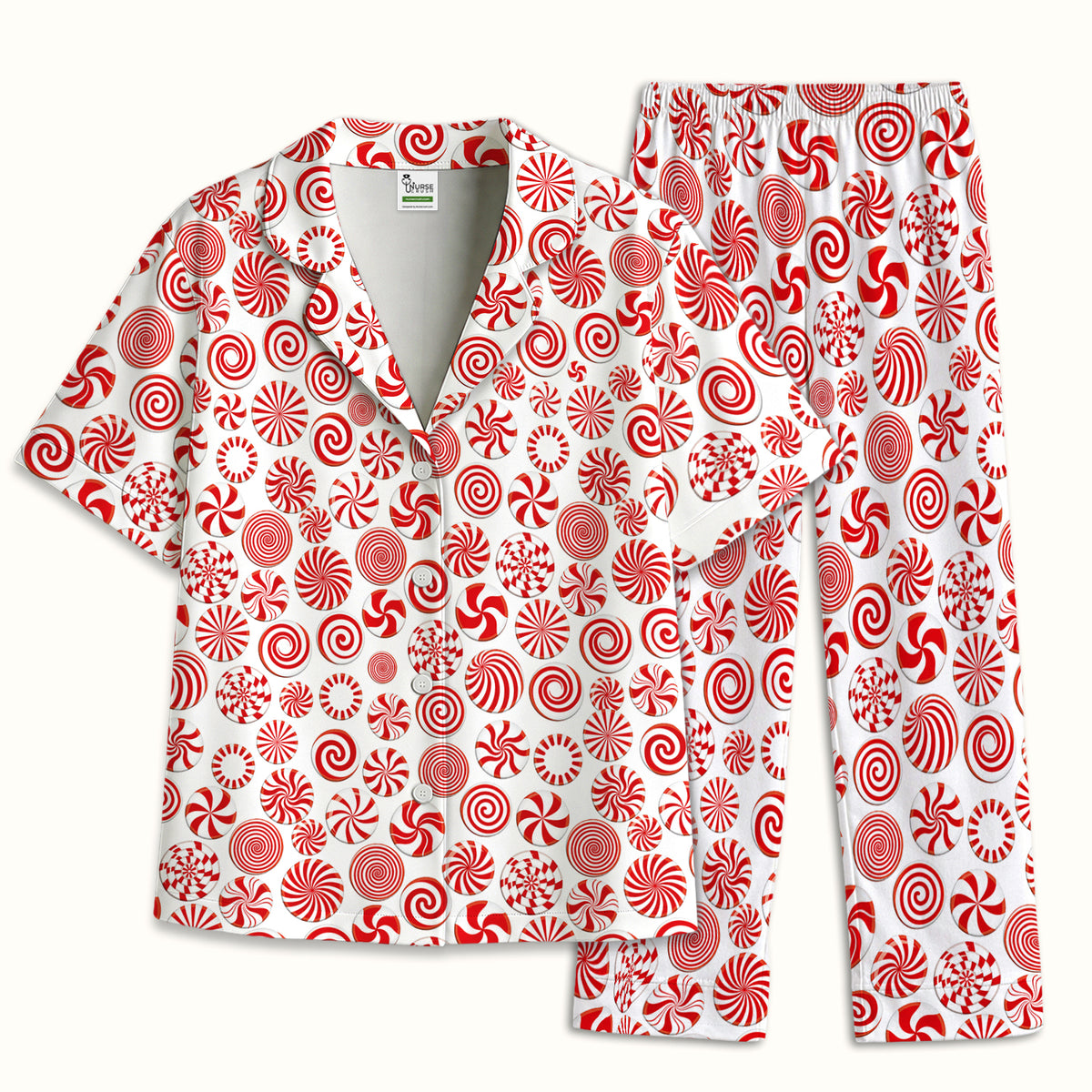 Christmas Peppermint Candy Pattern Pajama Set, Soft Breathable Fabric Comfortable Sleepwear