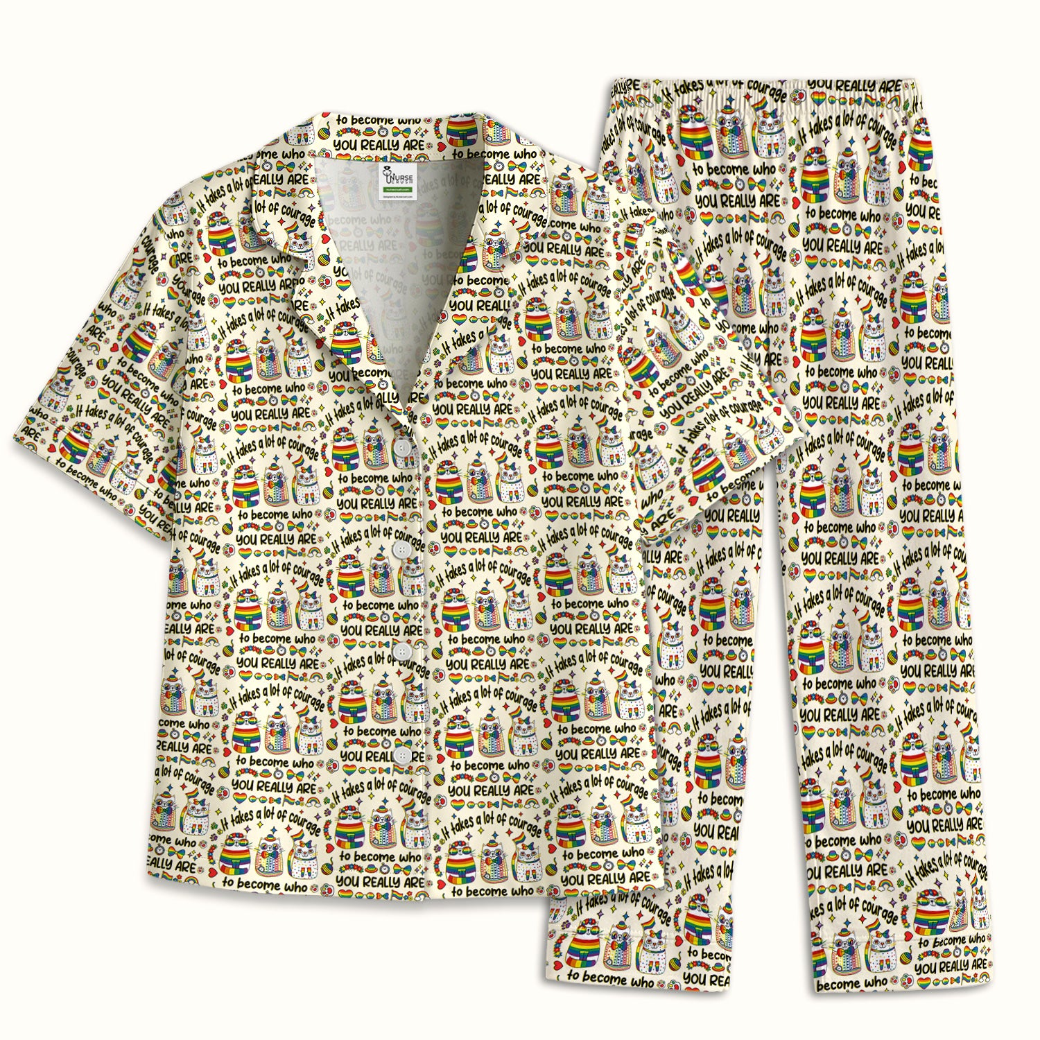 Inspirational Nurse Rainbow Cat Courage Quote Pattern Pajama Set, Breathable Fabrics Uniform