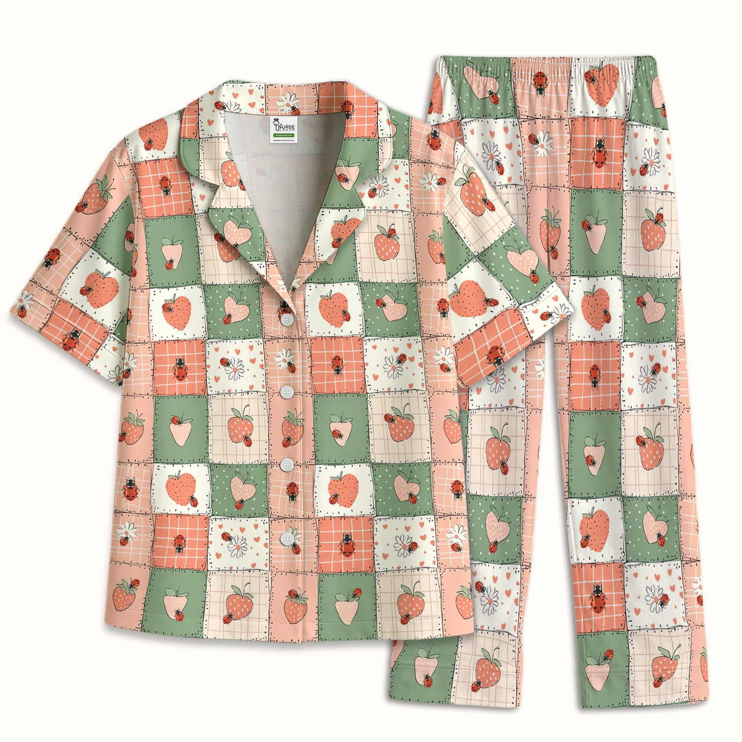 Strawberry Ladybug Patchwork Pattern Pajama Set, Soft Breathable Fabric Comfortable Sleepwear