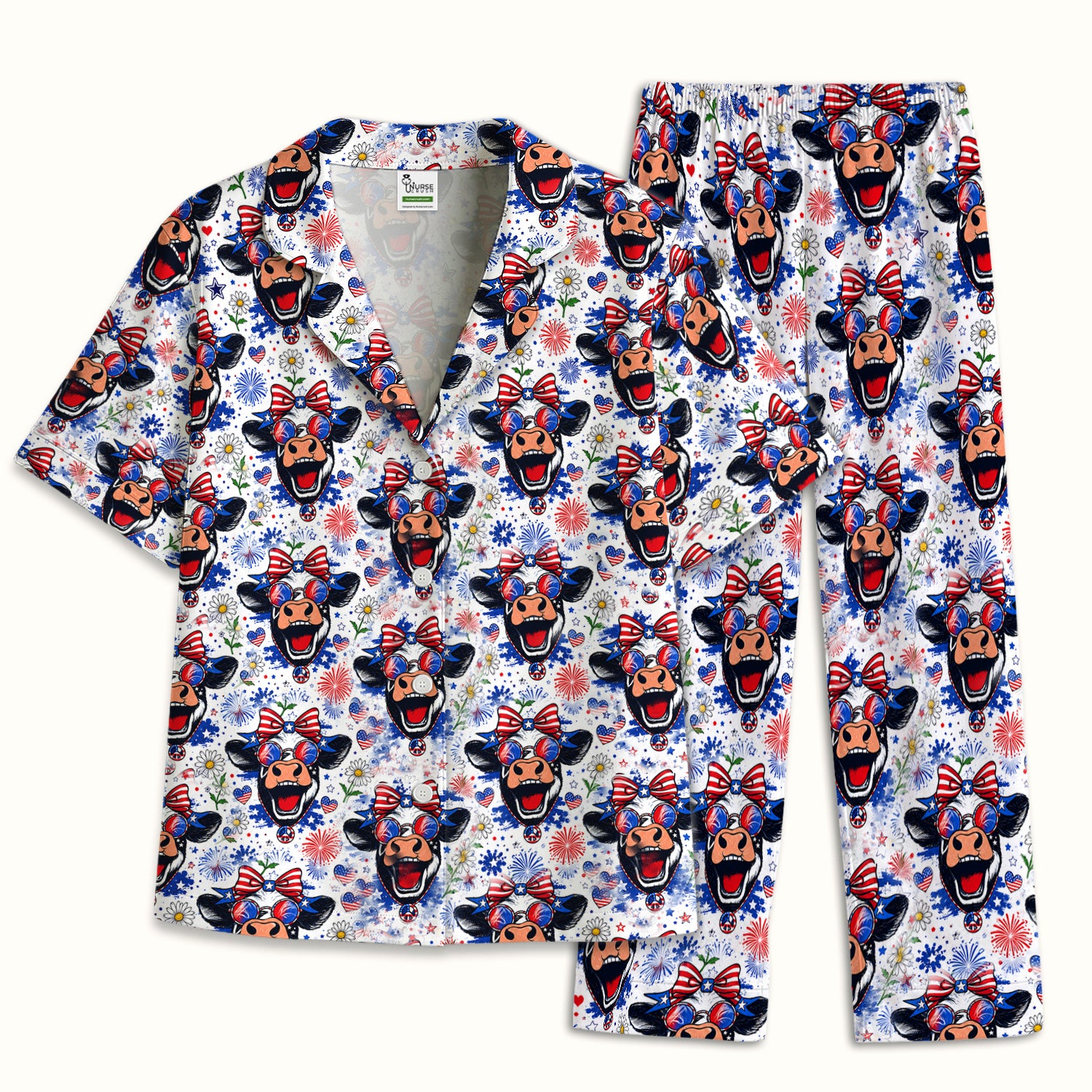 Funny Patriotic Cow Nurse Print Pajama Set, Soft Breathable Fabric Comfortable Sleepwear