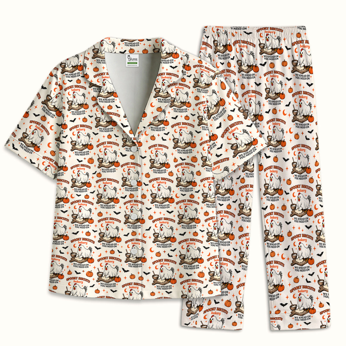 Halloween Spooky Biscuits Chicken Pattern Pajama Set, Soft Breathable Fabric Comfortable Sleepwear