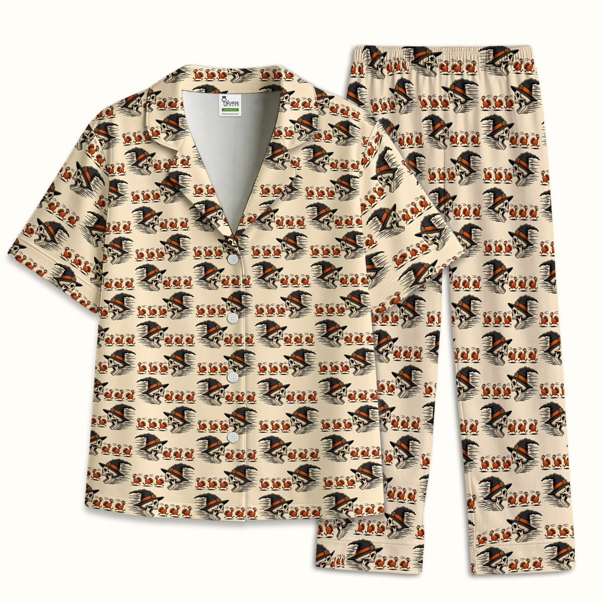 Funny Thanksgiving Skull Chasing Turkeys Pattern Pajama Set, Soft Breathable Fabric Comfortable Sleepwear