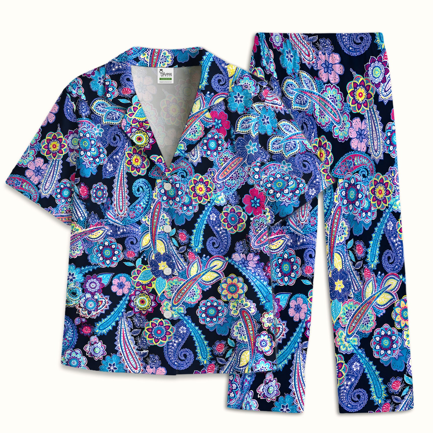 Vibrant Paisley Floral Pattern Pajama Set, Soft Breathable Fabric Comfortable Sleepwear