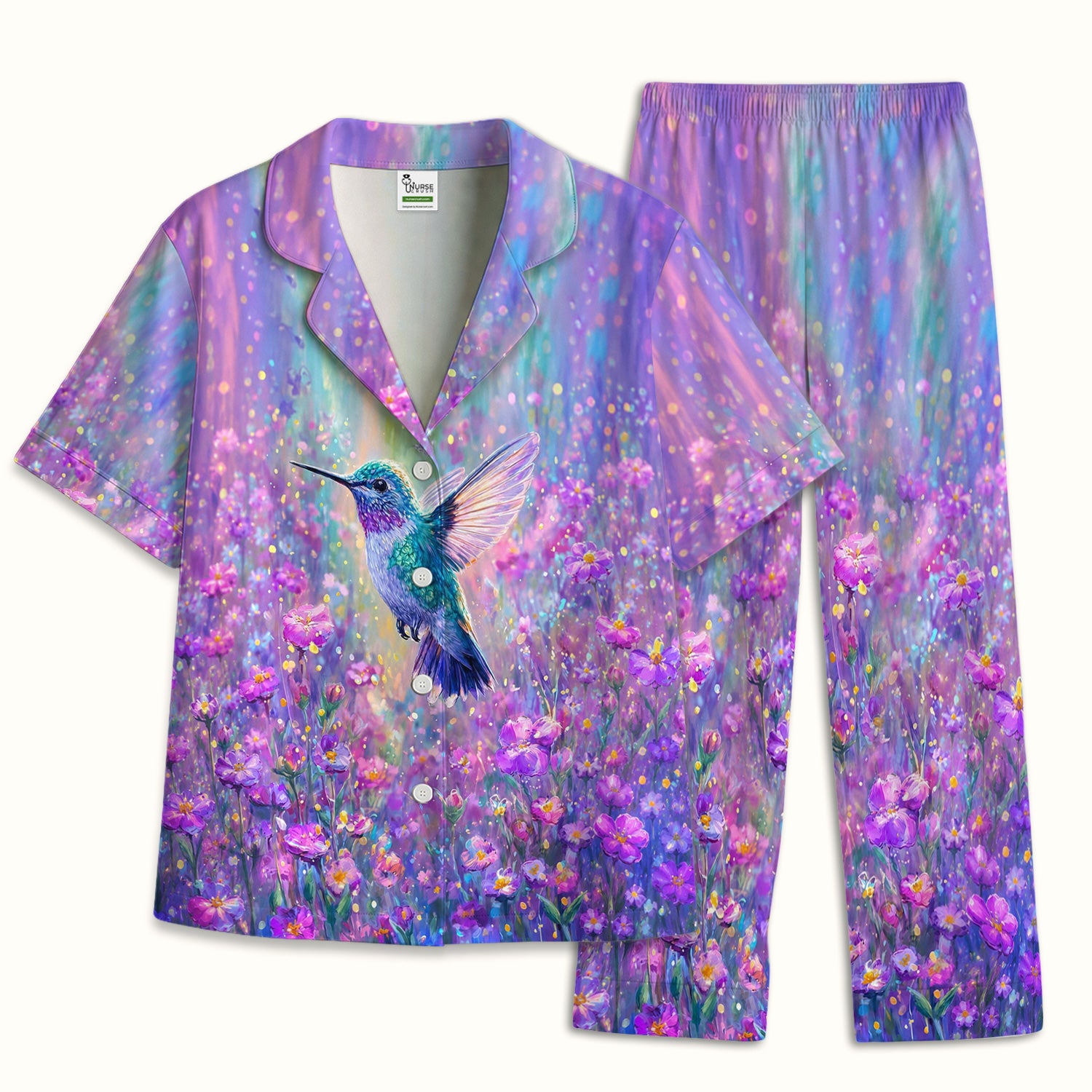 Watercolor Hummingbird with Purple Floral Garden Print Pajama Set, Soft Breathable Fabric Comfortable Sleepwear