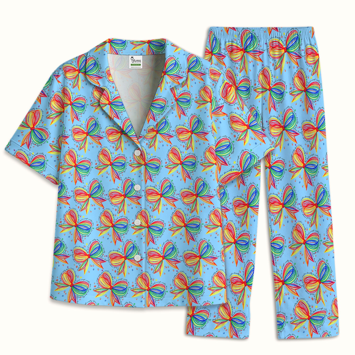 Colorful Rainbow Bow Pattern Pajama Set, Breathable Fabrics Uniform