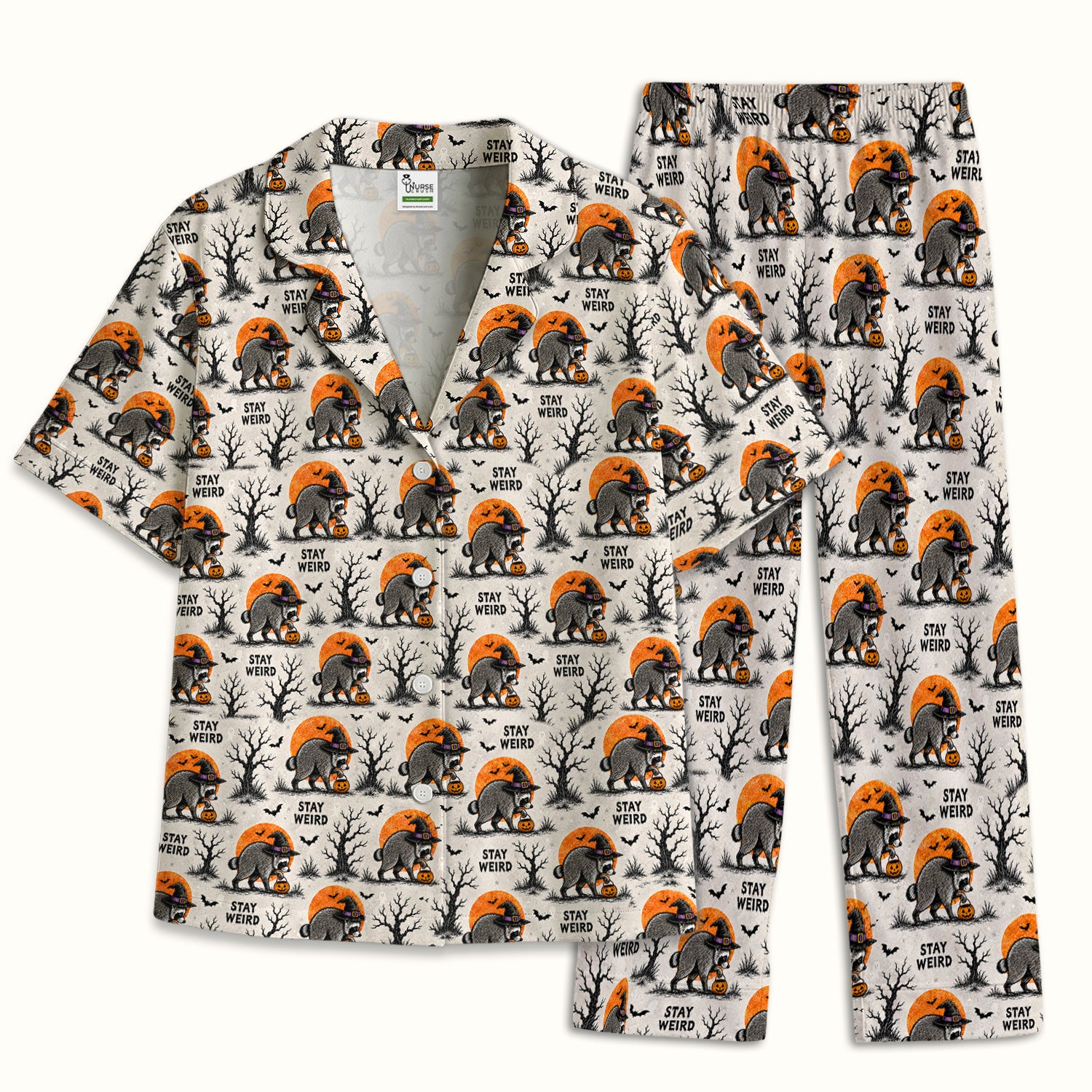 Funny Stay Weird Halloween Raccoon Pajama Set, Soft Breathable Fabric Comfortable Sleepwear