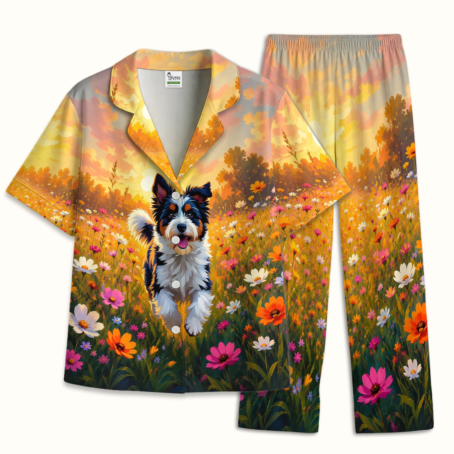 Cute Floral Meadow Dog Print Pajama Set, Soft Breathable Fabric Comfortable Sleepwear