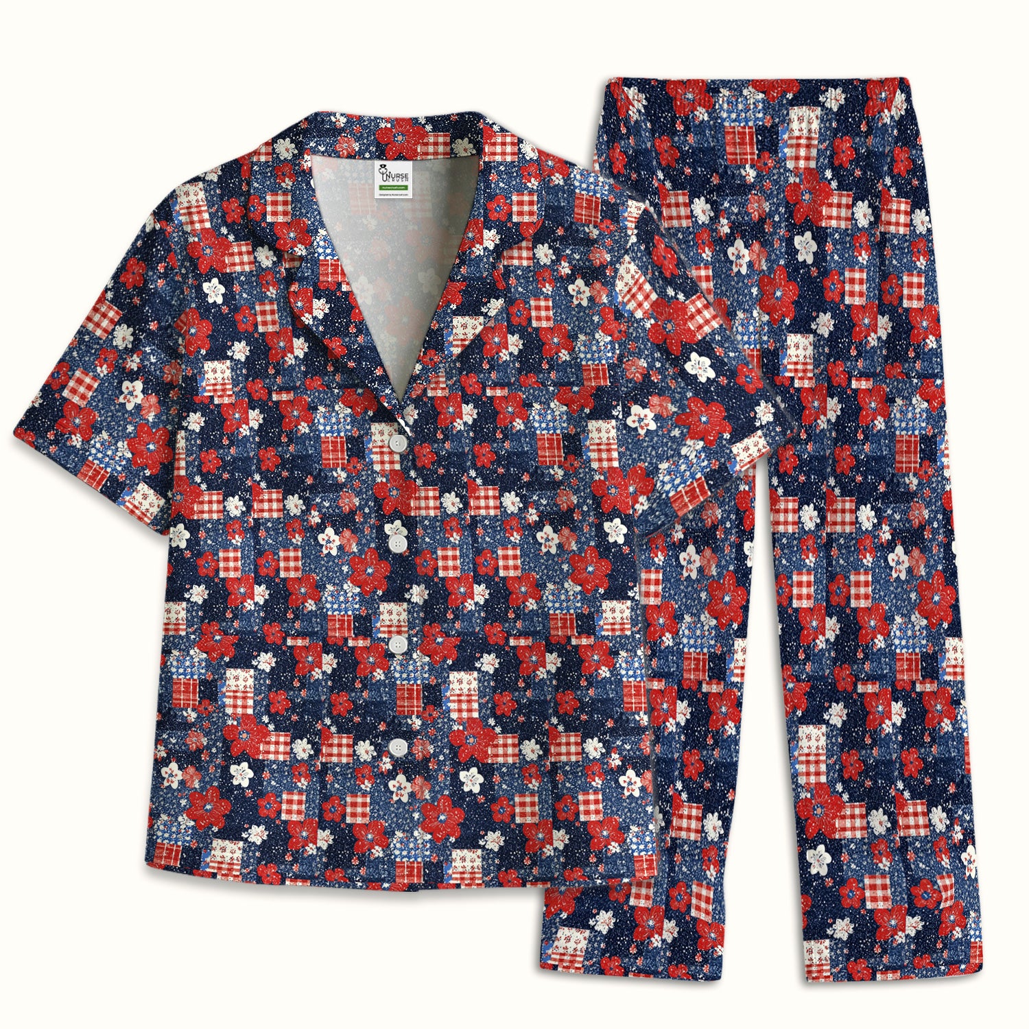 Patriotic Gingham Floral Patchwork Pattern Pajama Set, Soft Breathable Fabric Comfortable Sleepwear