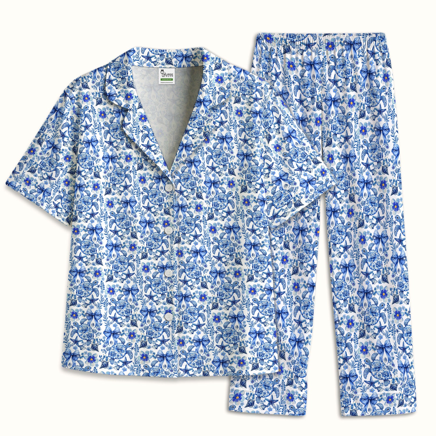 Cute Coastal Turtle Bow Pattern Pajama Set, Soft Breathable Fabric Comfortable Sleepwear