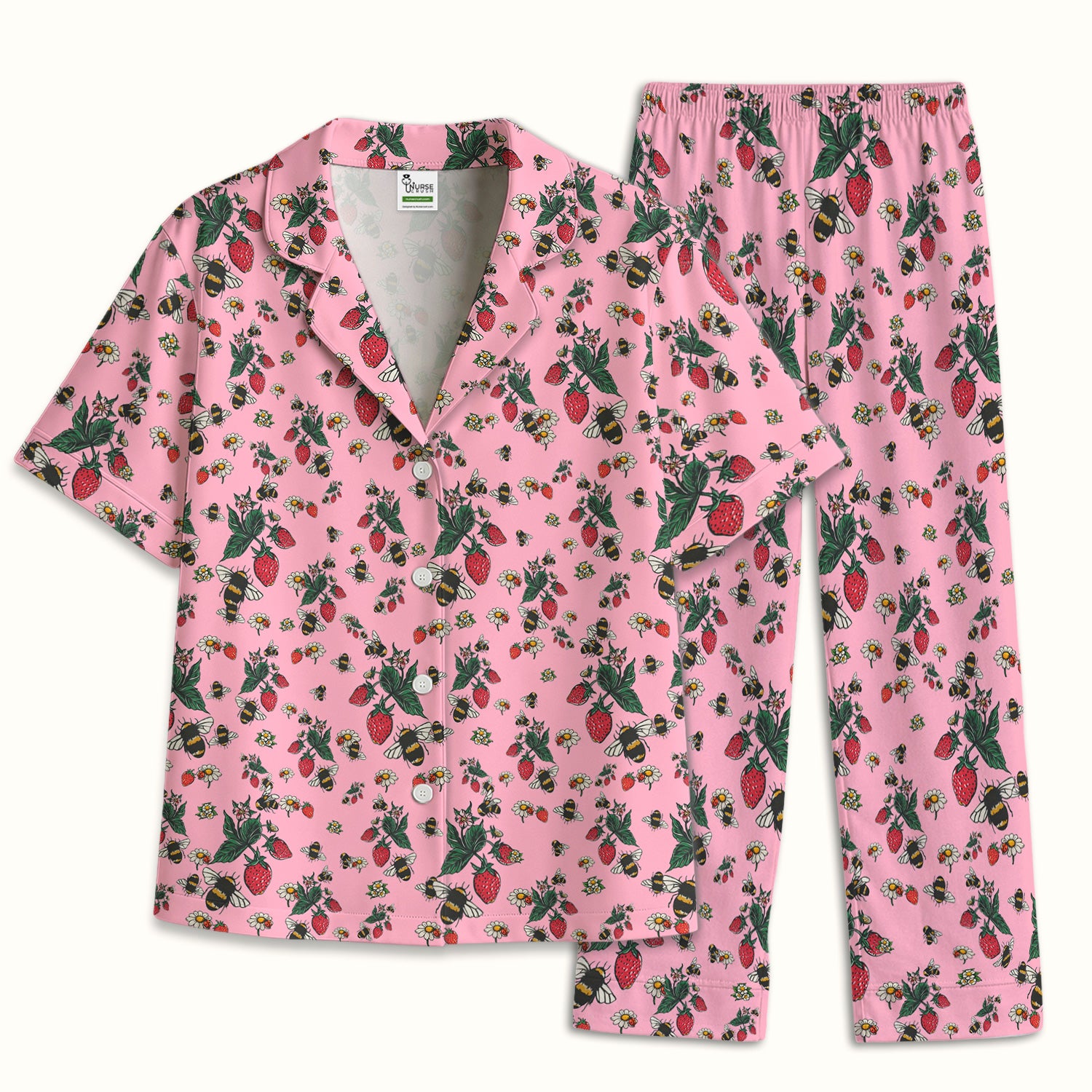 Cute Strawberry Bee Daisy Floral Pattern Pajama Set, Breathable Fabrics Uniform