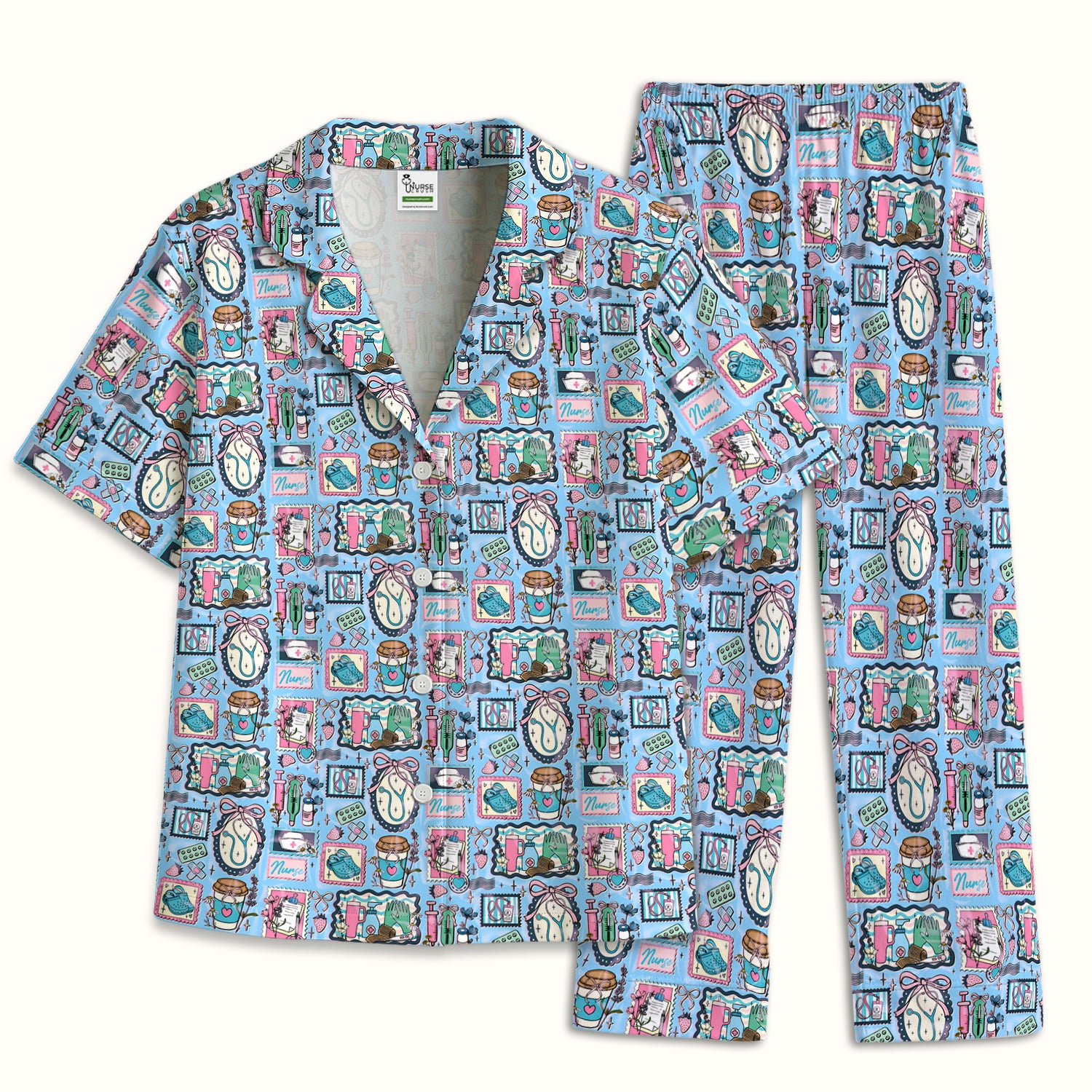Medical Tools Stethoscope Syringe Frame Pajama Set, Breathable Fabrics Uniform