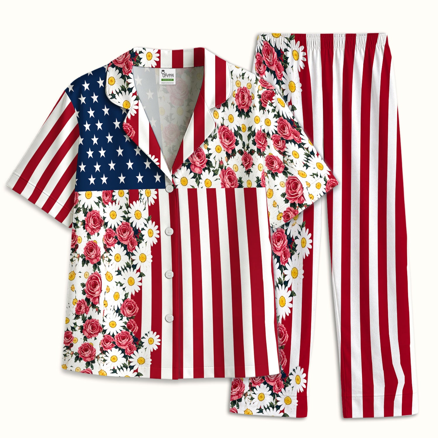 Floral American Flag Nurse Scrub Top for RN, CNA, Healthcare Workers, Patriotic Uniform Pajama Set, Soft Breathable Fabric Comfortable Sleepwear