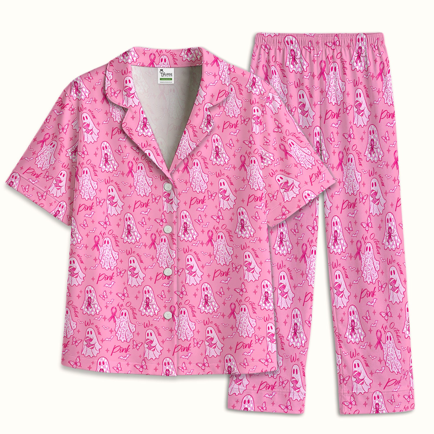 Pink Ribbon Ghost Pajama Set, Soft Breathable Fabric Comfortable Sleepwear