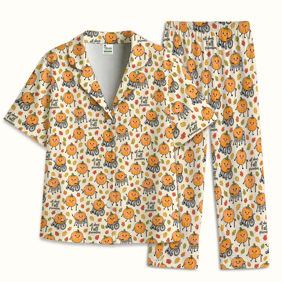 Cute Fall Prevention Pumpkin Pattern Pajama Set, Soft Breathable Fabric Comfortable Sleepwear