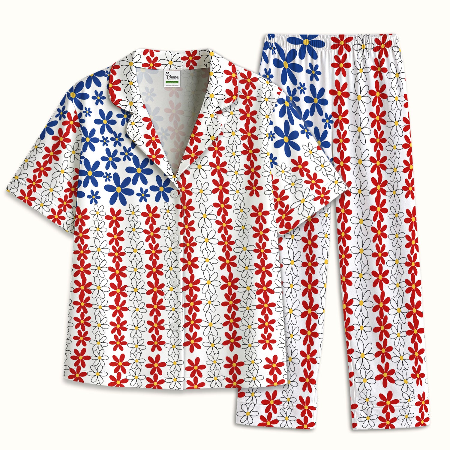 Retro Red Blue Daisy Stripe Pattern Pajama Set, Soft Breathable Fabric Comfortable Sleepwear