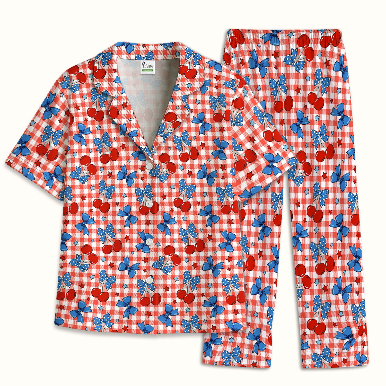 Cute Patriotic Cherry Bow Checkered Pattern Pajama Set, Soft Breathable Fabric Comfortable Sleepwear